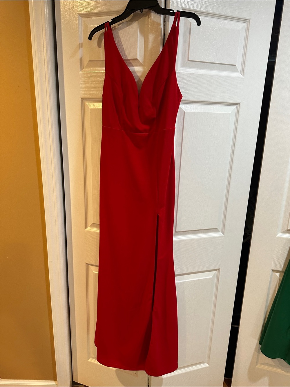 Lulu's Red V-Neck Spaghetti Strap Gown with Side Slit